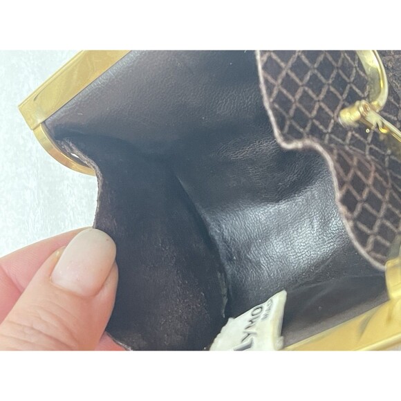 VTG Italian Suede Leather Coin Purse Kiss Lock Gold Hardware Brown Geometric - Picture 9 of 11